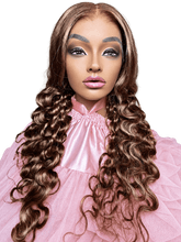 Loose curly highlight and black HD lace front glueless wig on model