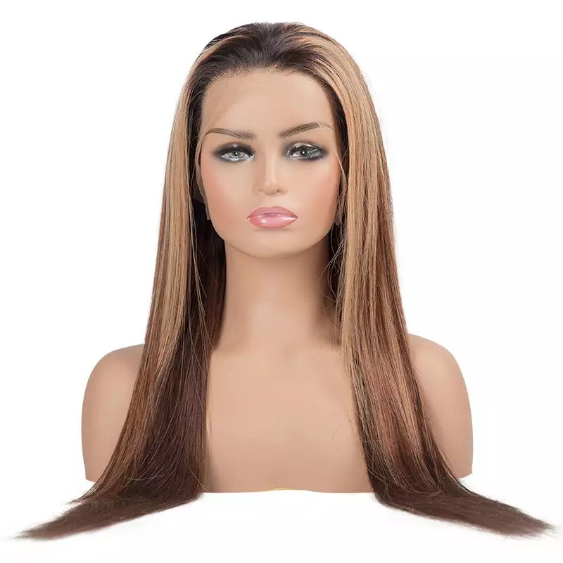 Brown 100% Human Hair Highlight Straight Lace Front Wig