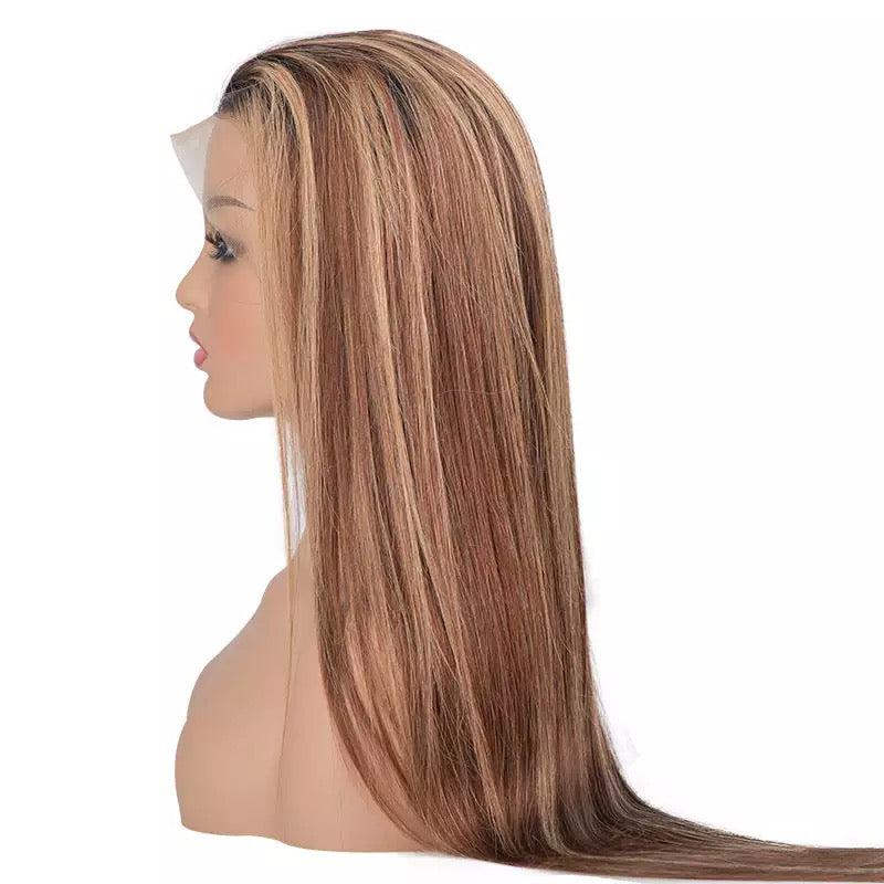 Brown 100% Human Hair Highlight Straight Lace Front Wig
