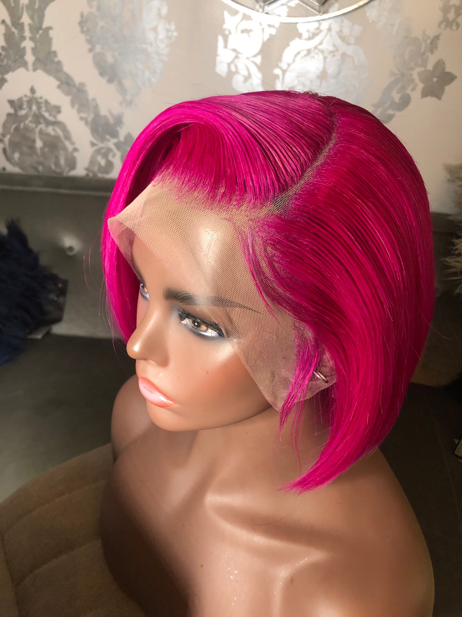 Pink 10 inch 100% Human Hair Hot Pink Bob Lace Front Wig