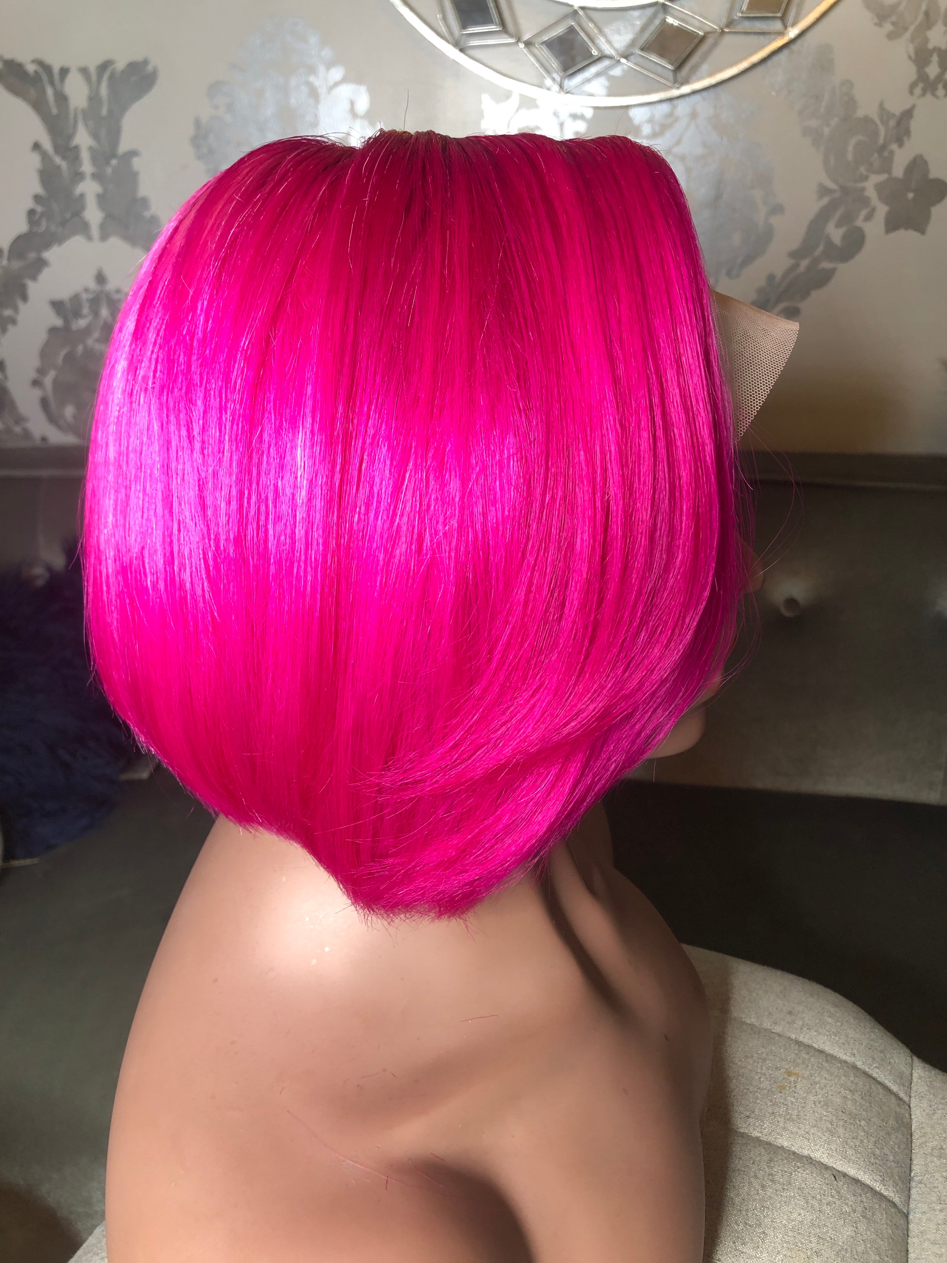 Pink 10 inch 100% Human Hair Hot Pink Bob Lace Front Wig