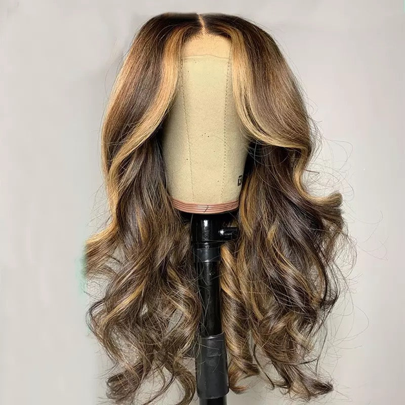 Brown 100% Human Hair Highlight Body Wave Lace Front Wig