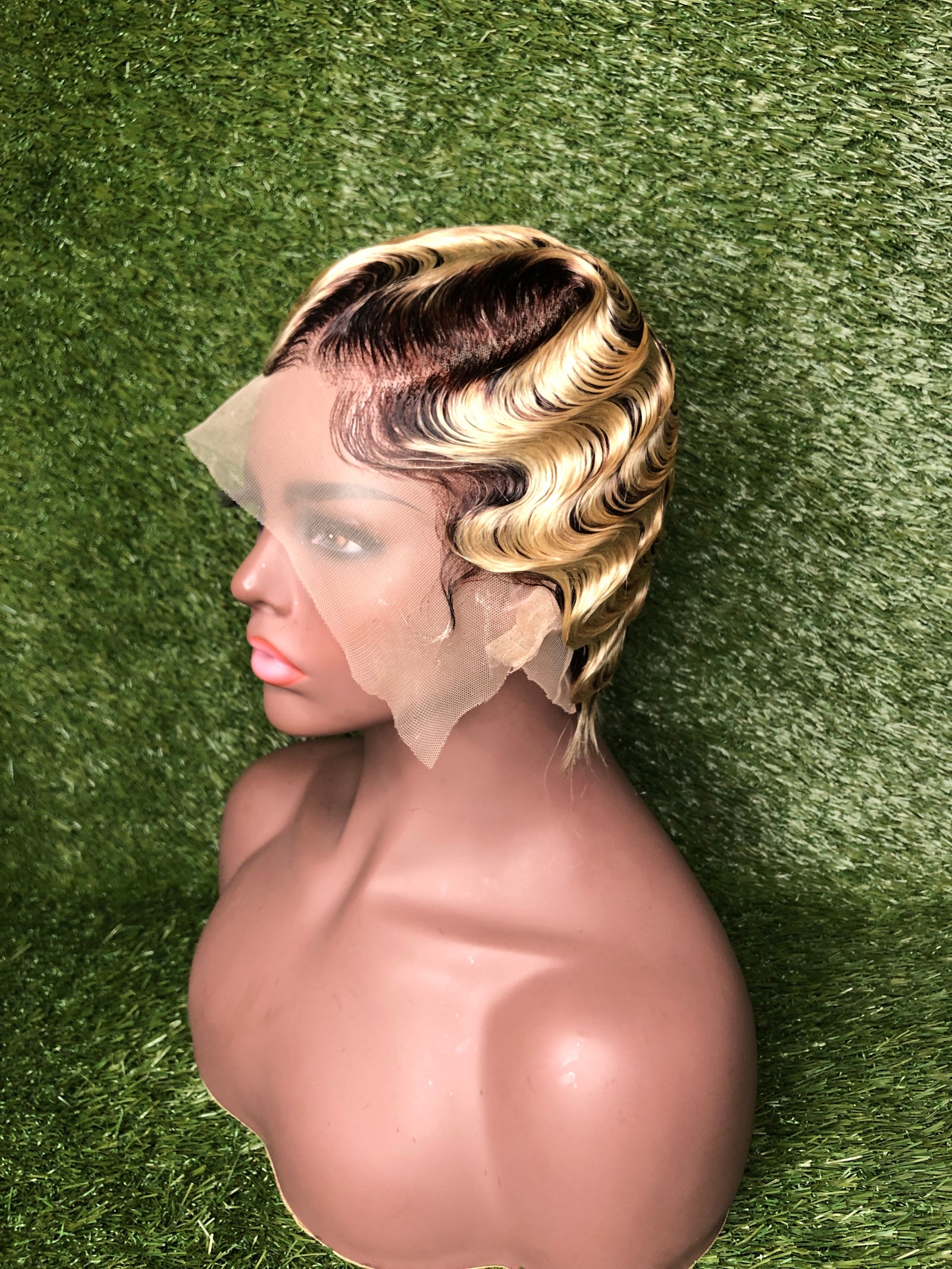 Brown Brazilian Roots Surf Finger Wave Lace Front custom Wig