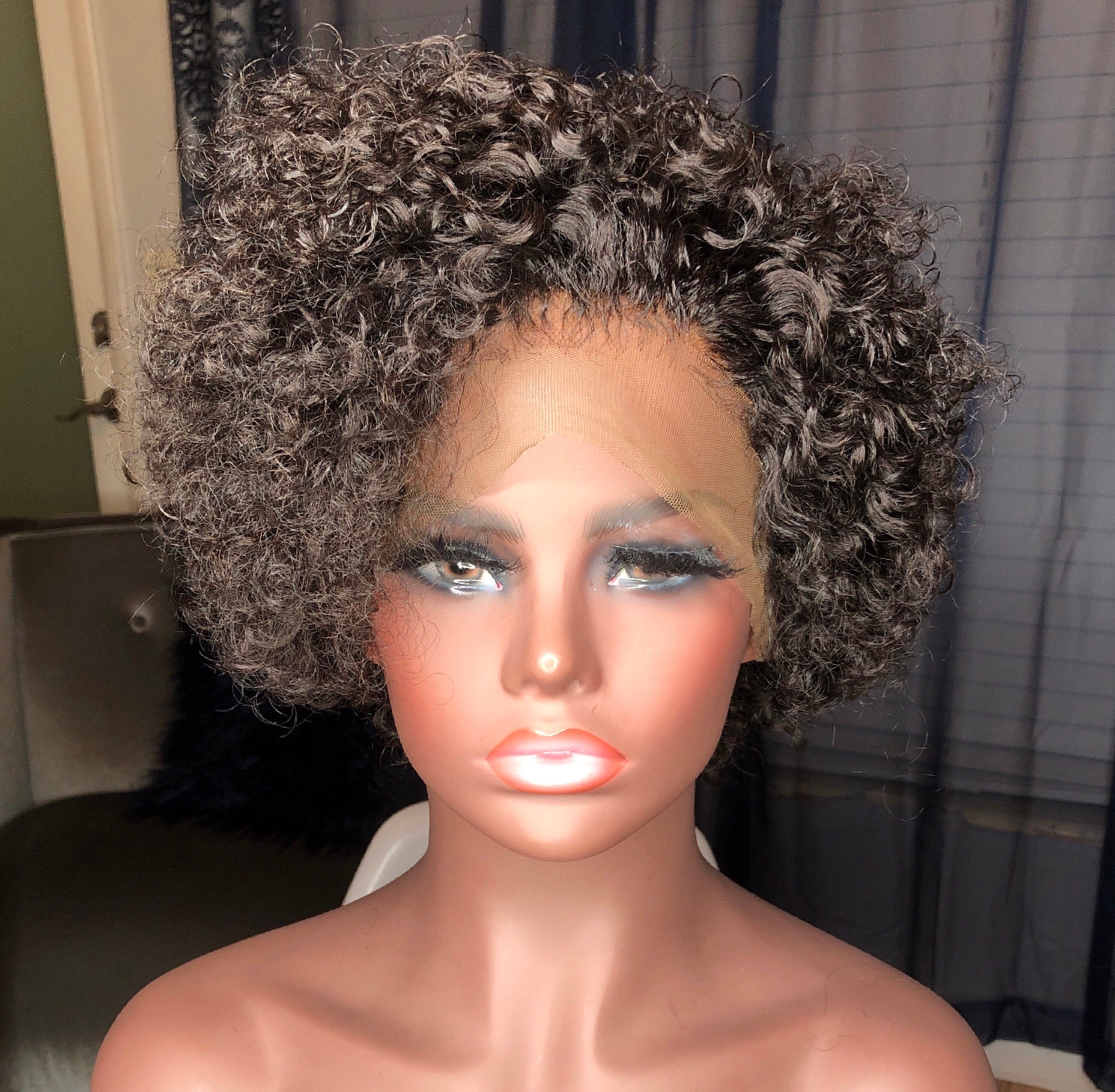 Brown Nia tight curl 13x4 Swiss lace front wig with 150% density