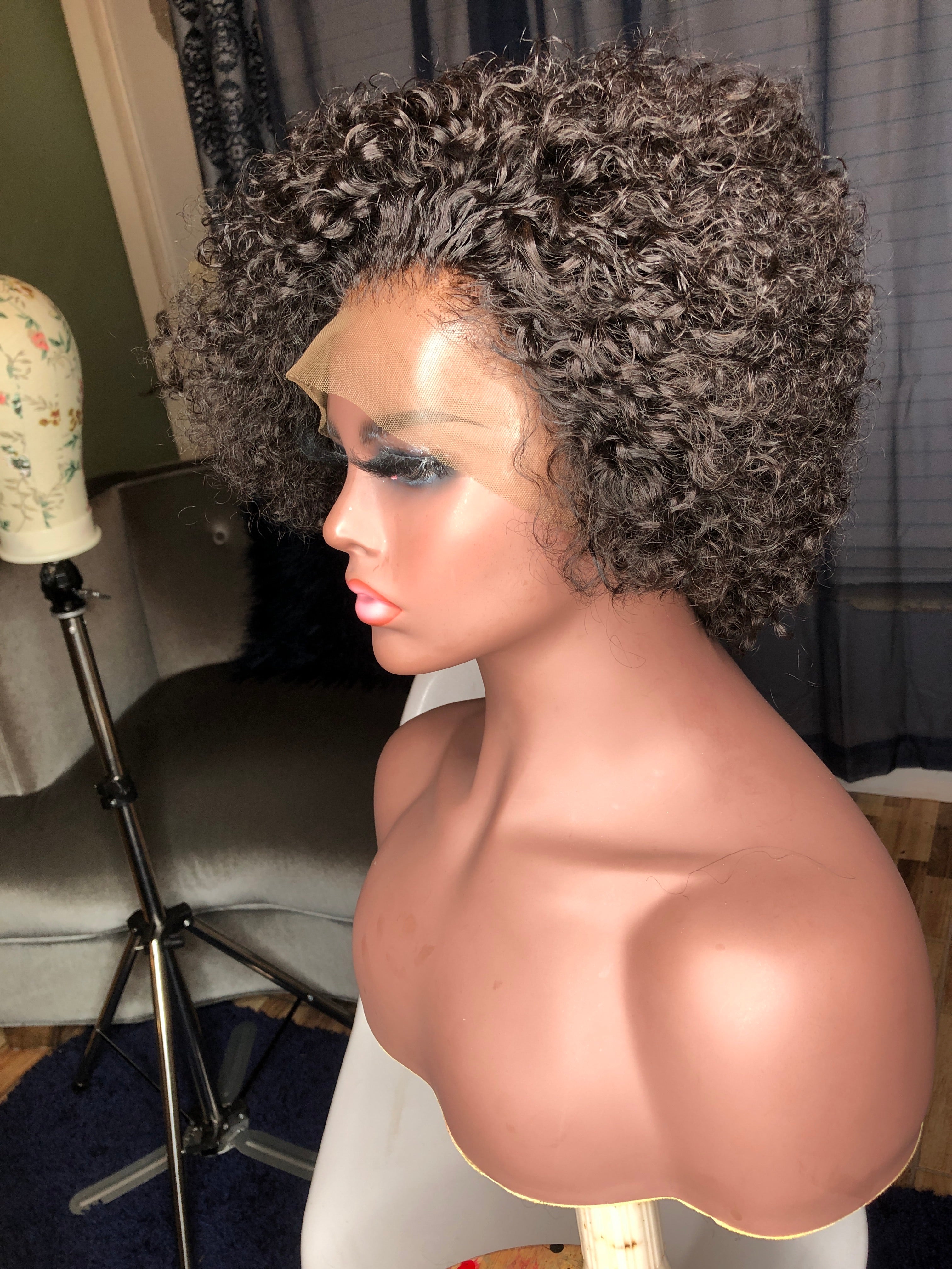 Brown Nia tight curl 13x4 Swiss lace front wig with 150% density